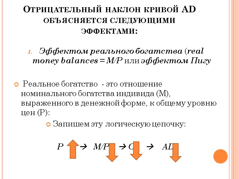 Отрицательный наклон кривой AD объясняется следующими эффектами: Эффектом реального богатства (real money balances =